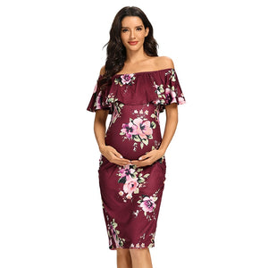 Women Maternity Dress Off Shoulder Ruffle Sleeveless Bodycon Dress Elegant Ruched Sides Bodycon Dresses