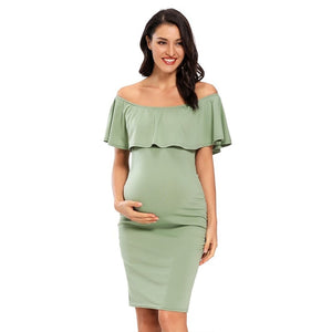 Women Maternity Dress Off Shoulder Ruffle Sleeveless Bodycon Dress Elegant Ruched Sides Bodycon Dresses