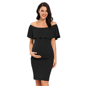 Women Maternity Dress Off Shoulder Ruffle Sleeveless Bodycon Dress Elegant Ruched Sides Bodycon Dresses