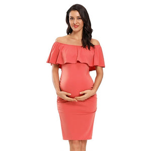 Women Maternity Dress Off Shoulder Ruffle Sleeveless Bodycon Dress Elegant Ruched Sides Bodycon Dresses