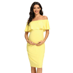 Women Maternity Dress Off Shoulder Ruffle Sleeveless Bodycon Dress Elegant Ruched Sides Bodycon Dresses