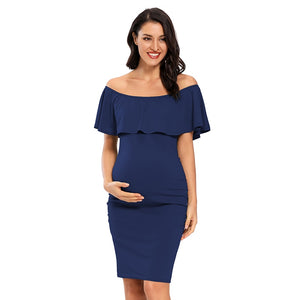 Women Maternity Dress Off Shoulder Ruffle Sleeveless Bodycon Dress Elegant Ruched Sides Bodycon Dresses