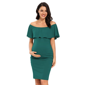 Women Maternity Dress Off Shoulder Ruffle Sleeveless Bodycon Dress Elegant Ruched Sides Bodycon Dresses