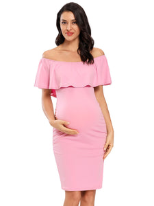 Women Maternity Dress Off Shoulder Ruffle Sleeveless Bodycon Dress Elegant Ruched Sides Bodycon Dresses