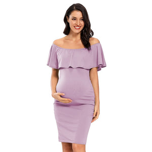 Women Maternity Dress Off Shoulder Ruffle Sleeveless Bodycon Dress Elegant Ruched Sides Bodycon Dresses