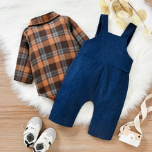 Load image into Gallery viewer, Baby Boys  2pcs Plaid Printed Shirts Romper+Cartoon Bear Overalls
