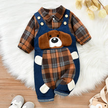 Load image into Gallery viewer, Baby Boys  2pcs Plaid Printed Shirts Romper+Cartoon Bear Overalls
