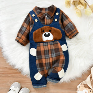 Baby Boys  2pcs Plaid Printed Shirts Romper+Cartoon Bear Overalls