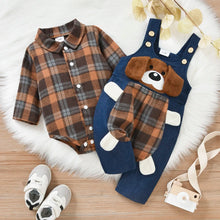 Load image into Gallery viewer, Baby Boys  2pcs Plaid Printed Shirts Romper+Cartoon Bear Overalls
