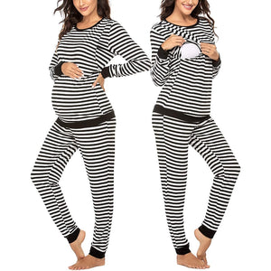 Maternity Pajamas Striped Nursing Sleepwear Full Sleeve Nursing Pajama Set Breastfeeding