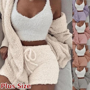 Fluffy Pajamas Set for Women Casual Sleepwear Tank Top and Shorts Plus Size Hoodie Leisure Homsuit Winter Teddy 3 Pieces Pijamas