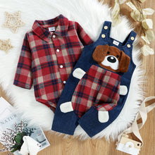 Load image into Gallery viewer, Baby Boys  2pcs Plaid Printed Shirts Romper+Cartoon Bear Overalls
