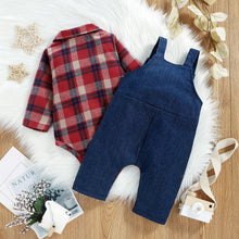 Load image into Gallery viewer, Baby Boys  2pcs Plaid Printed Shirts Romper+Cartoon Bear Overalls
