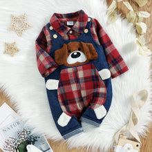 Load image into Gallery viewer, Baby Boys  2pcs Plaid Printed Shirts Romper+Cartoon Bear Overalls
