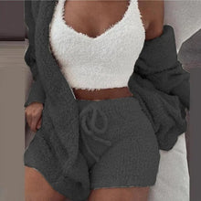 Load image into Gallery viewer, Fluffy Pajamas Set for Women Casual Sleepwear Tank Top and Shorts Plus Size Hoodie Leisure Homsuit Winter Teddy 3 Pieces Pijamas
