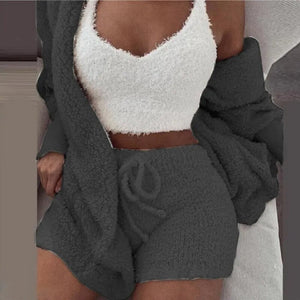 Fluffy Pajamas Set for Women Casual Sleepwear Tank Top and Shorts Plus Size Hoodie Leisure Homsuit Winter Teddy 3 Pieces Pijamas