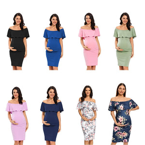 Women Maternity Dress Off Shoulder Ruffle Sleeveless Bodycon Dress Elegant Ruched Sides Bodycon Dresses