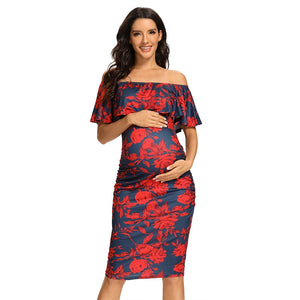 Women Maternity Dress Off Shoulder Ruffle Sleeveless Bodycon Dress Elegant Ruched Sides Bodycon Dresses