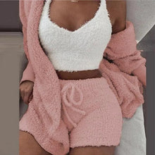 Load image into Gallery viewer, Fluffy Pajamas Set for Women Casual Sleepwear Tank Top and Shorts Plus Size Hoodie Leisure Homsuit Winter Teddy 3 Pieces Pijamas
