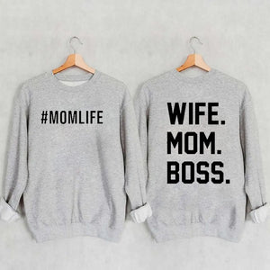 Women's "Wife Mom Boss" Printed Cotton Female Cute Long Sleeves Sweatshirt