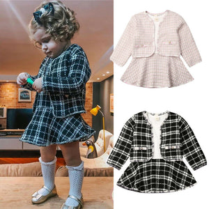 Stock Cute Girls Toddler Kid Baby Long Sleeve Coat Dress 2PCS Plaid Coat Tutu Dresses Suit