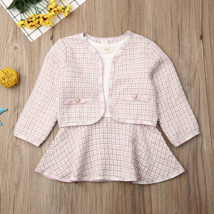 Stock Cute Girls Toddler Kid Baby Long Sleeve Coat Dress 2PCS Plaid Coat Tutu Dresses Suit