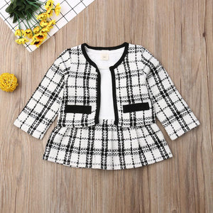 Stock Cute Girls Toddler Kid Baby Long Sleeve Coat Dress 2PCS Plaid Coat Tutu Dresses Suit