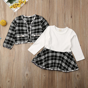 Stock Cute Girls Toddler Kid Baby Long Sleeve Coat Dress 2PCS Plaid Coat Tutu Dresses Suit