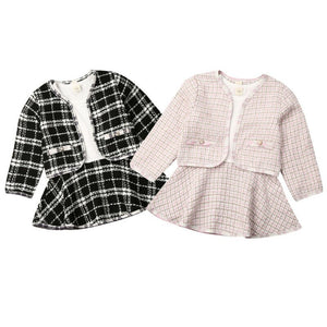 Stock Cute Girls Toddler Kid Baby Long Sleeve Coat Dress 2PCS Plaid Coat Tutu Dresses Suit