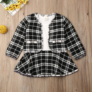 Stock Cute Girls Toddler Kid Baby Long Sleeve Coat Dress 2PCS Plaid Coat Tutu Dresses Suit