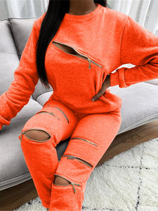 Tracksuit Women Two Piece Set Zipper Holes