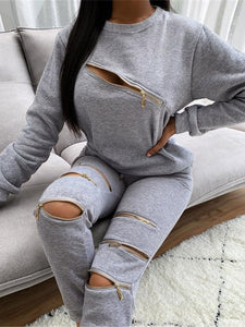 Tracksuit Women Two Piece Set Zipper Holes