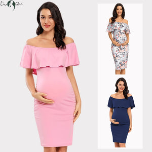 Women Maternity Dress Off Shoulder Ruffle Sleeveless Bodycon Dress Elegant Ruched Sides Bodycon Dresses