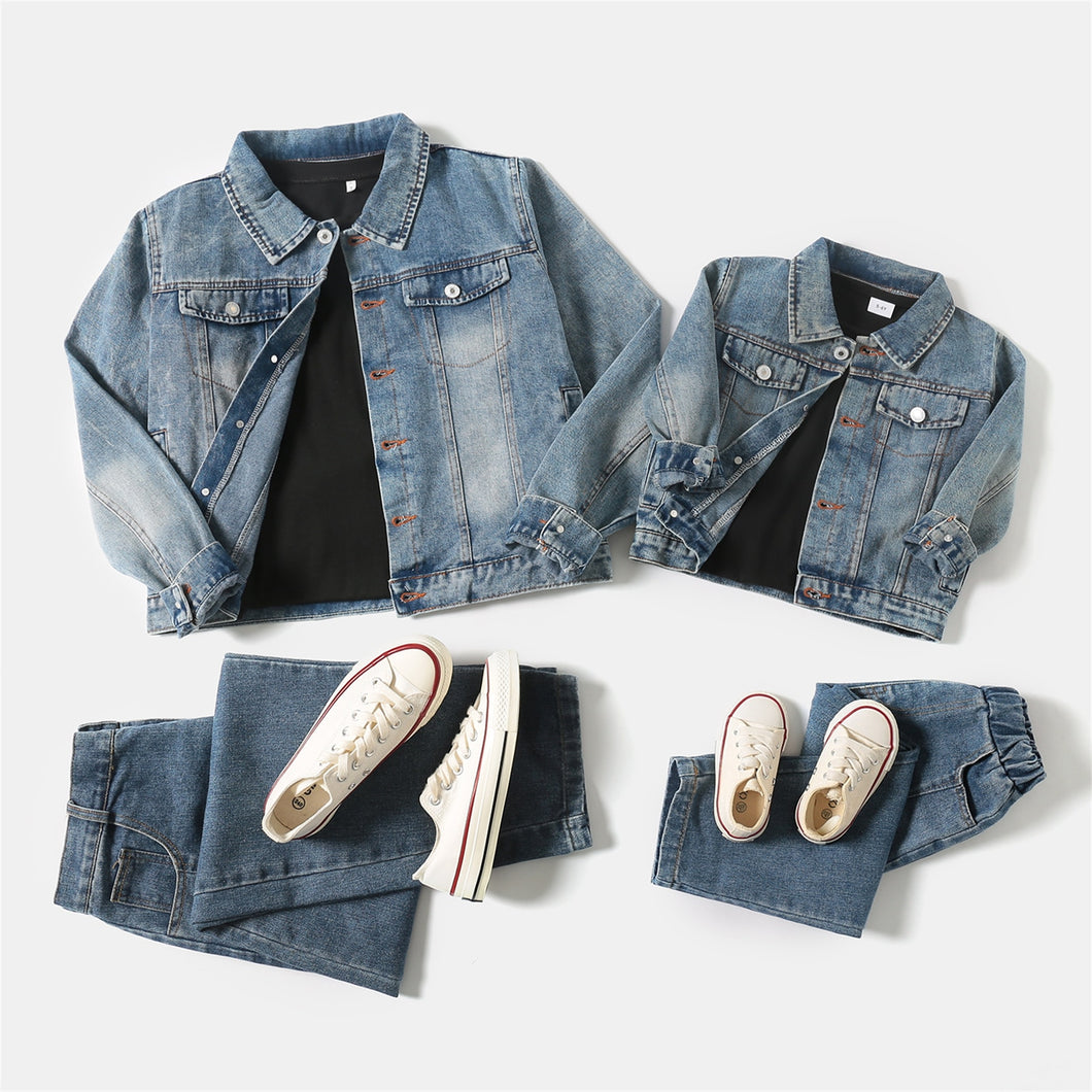 Matching Outfits Lapel Button Down Long-sleeve Distressed Denim Jacket